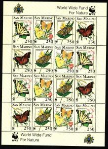 San Marino-SC#1281-4-sheet of 16-Butterflies-WWF-unused-NH-