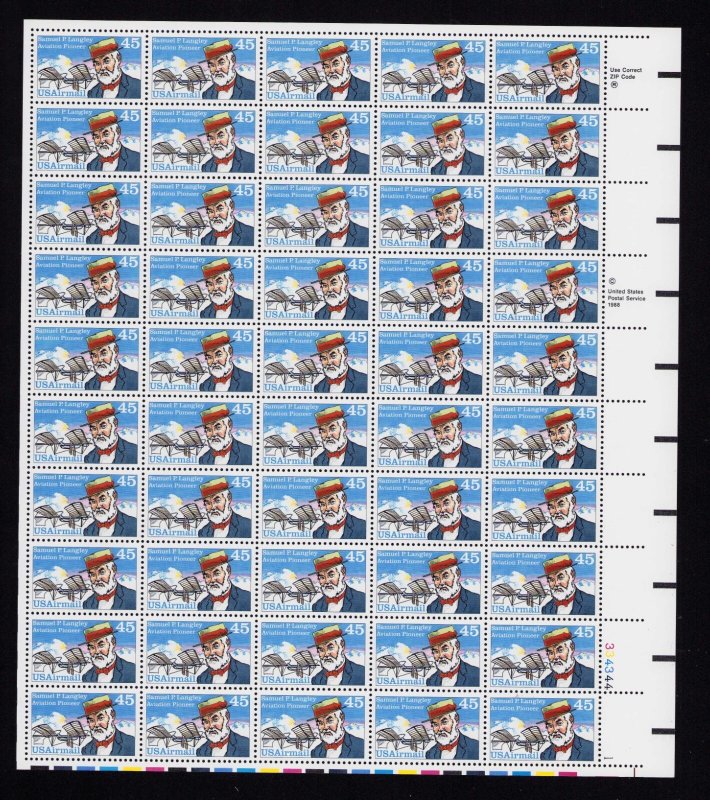C118 Samuel P Langley Sheet of 50 45¢ Air Mail Stamps MNH 1988