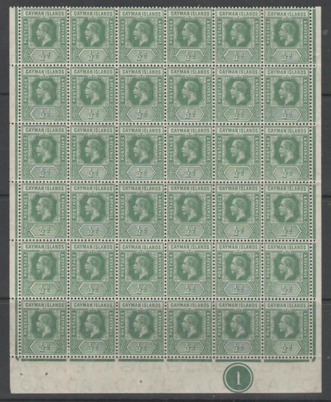 CAYMAN ISLANDS SG41 1912 ½d GREEN PLATE 1 BLOCK OF 36 MNH