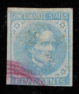 GENUINE CONFEDERATE CSA SCOTT #6 LIGHT BLUE 5¢ USED CONTEMPORARY RED TOWN CANCEL