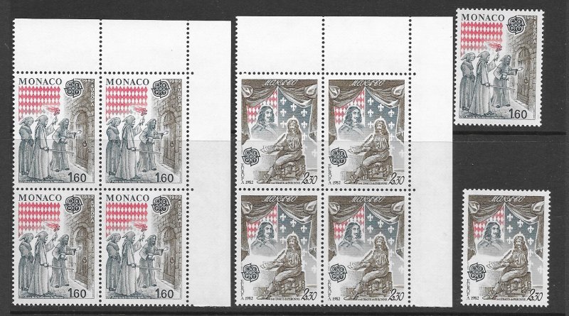 Monaco 1329-30 Europa MNH cpl. set in block of 4 + single, vf.  2022 CV $15.00