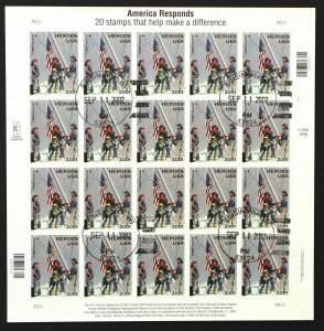 U.S. Used #B2 34c +11c Heroes 2001 Semi-Postal Sheet of 20. 9/11/2002 Cancel.