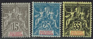 FRENCH ANJOUAN 1900 PEACE AND COMMERCE 15C 25C AND 35C