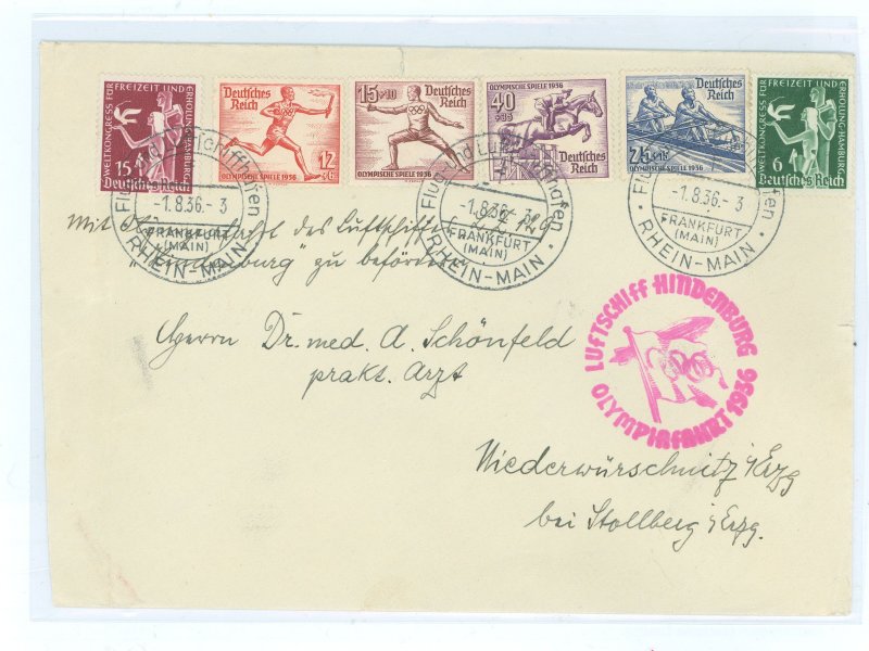 Germany 477-8/B86-9 1936 Cover carried on the fourteen hour Frankfurt to Frankfurt Hindenburg (LZ129) August 1, 1936 Berlin Olym