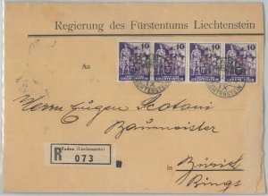 82062 - LIECHTENSTEIN - Postal History - SERVICE stamps on REGISTERED COVER 1937
