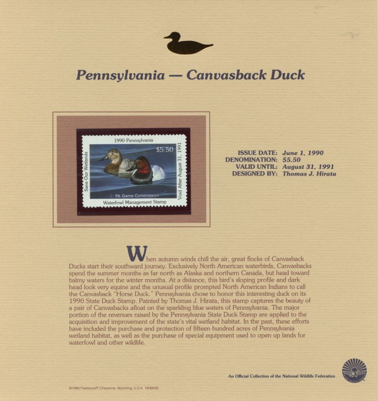 United States 1990 Federal and State Duck Stamps on Fleetwood Presentation Cards