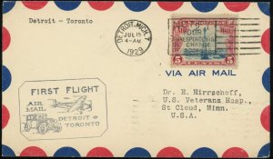 Detroit USA to Toronto Canada First Airmail Flight Cover 5c Postage 1929 #C11