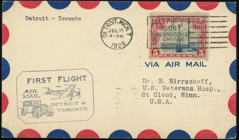 Detroit USA to Toronto Canada First Airmail Flight Cover 5c Postage 1929 #C11