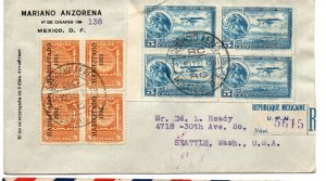 Mexico Scott 677  block with airmail stamps on 1932 Registered Cover - Scarce!