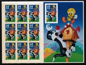 1998 Sylvester Tweety MNH pane of 10 Sc 3205 imperf Looney Tunes