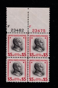 1938 Coolidge PREXY $5 Sc 834 MNH VF plate block of 4 full OG Durland $400 (R8