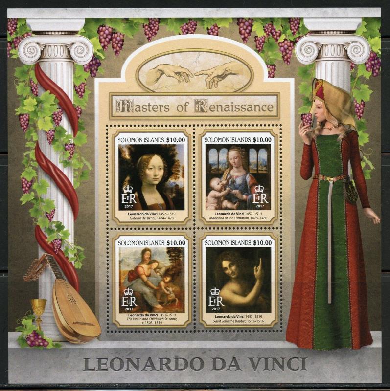 SOLOMON ISLANDS  2017 MASTERS OF RENAISSANCE LEONARDO da VINCI SHEET  MINT NH