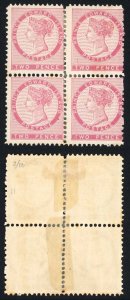 PRINCE EDWARD Is SG22 1862 2d rose on yellowish paper block of 4 with varieties