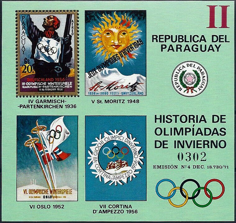 1972 Paraguay History of the Olympic Games, Garmisch, Sheet VF/MNH! CAT 23$