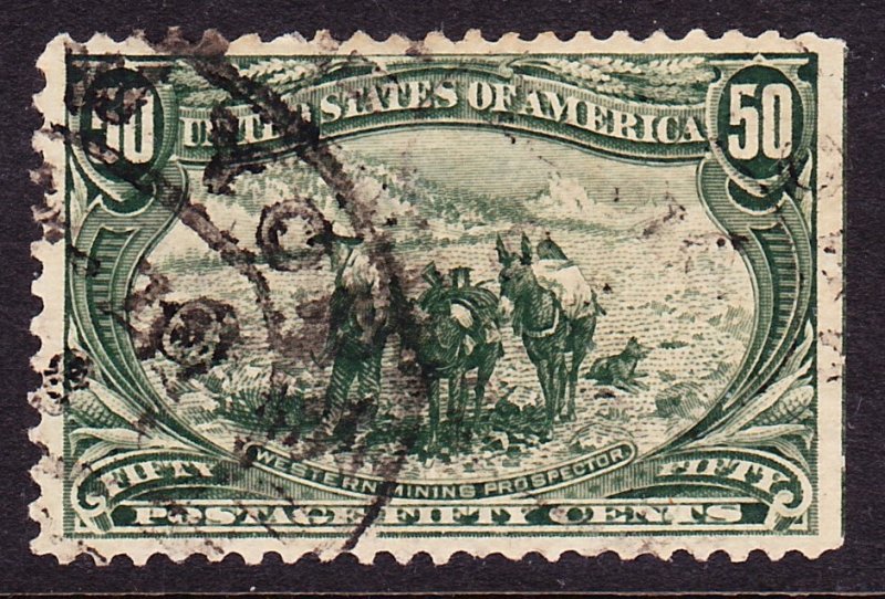 Scott 291, VF Used, 50c Trans-Mississippi, Straight Edge, Shallow Thin