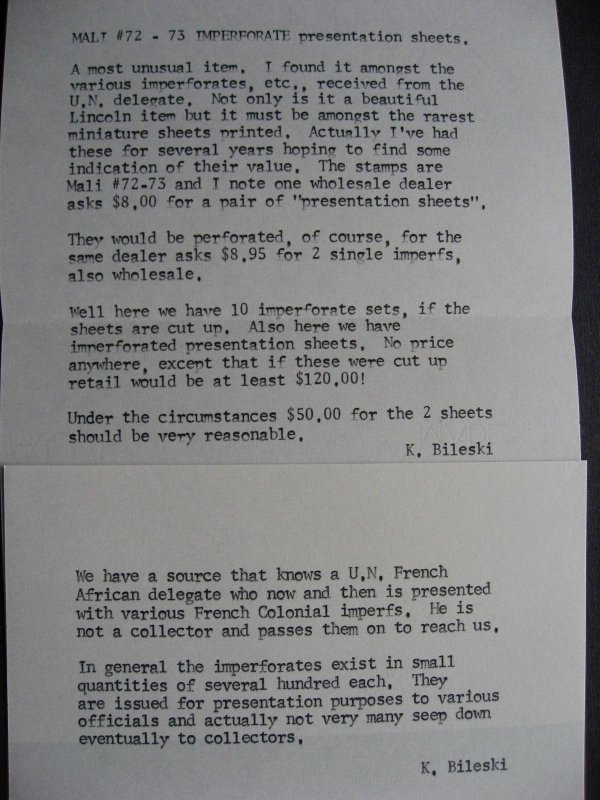 MALI Sc 72-3 Lincoln MNH imperf sheets of 10 ex Bileski PLZ read description!