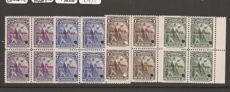 Paraguay 1943 Columbus Ex-Archive Muestra punch-hole blocks of 4 MNG (3axa) WOW!