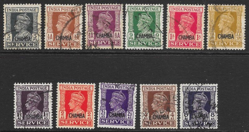 INDIA-CHAMBA SGO72/82 1940-3 OFFICIAL SET TO 8a USED (r)