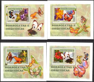 {259} Guinea Bissau 2007 Butterflies Flowers Orchids 4 S/S Deluxe MNH**