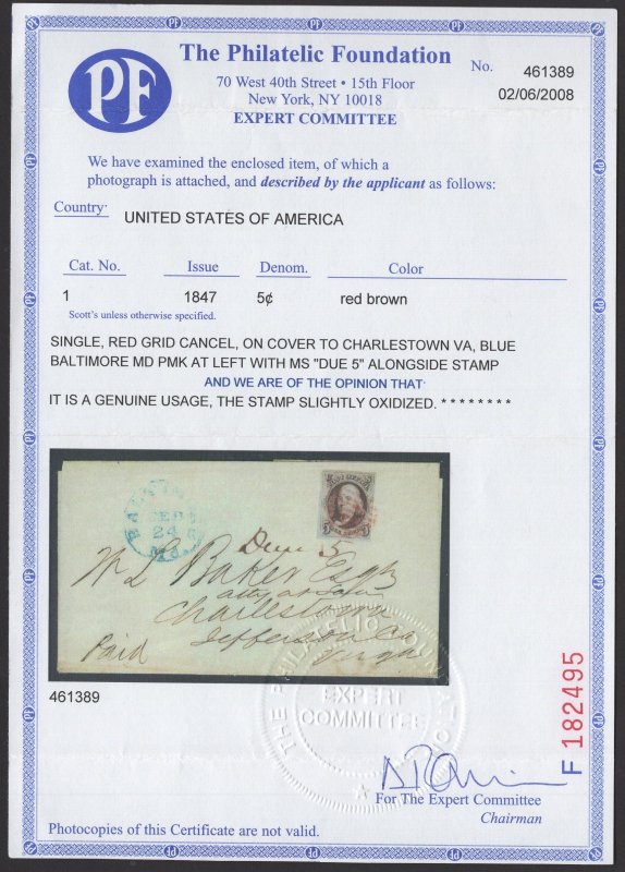 CERTIFIED US Stamp #1 On Cover SSCV $425. Stunningly Crisp Appearance