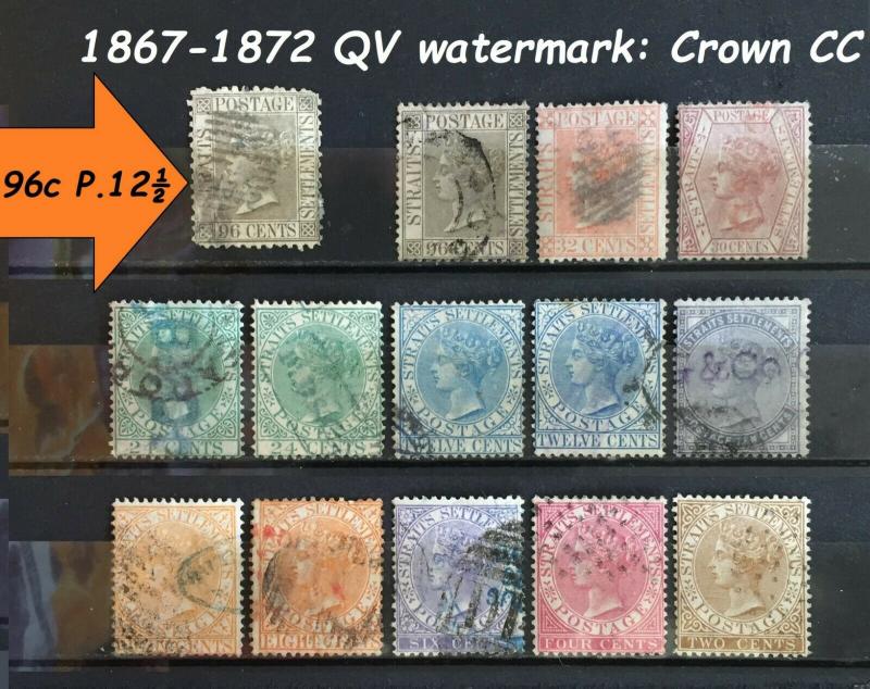 Malaya Straits Settlements 1867-72 QV wmk CC 14V used 96c P.12½ SG#11-19a CV£580