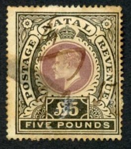 Natal SG144 Five Pound Wmk Crown CC Fiscal Used cat 1600 is postal