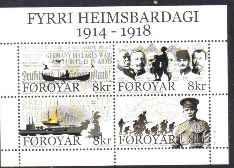 Faroe Islands Sc 631 2014 World War I stamp sheet mint NH