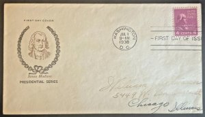 PRESIDENT JAMES MADISON #808 JUL 1 1938 WASHINGTON DC FIRST DAY COVER (FDC) BX5