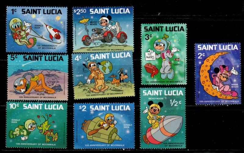 St. Lucia 1979 - Disney - Moonwalk Donald, Mickey, Goofy - Set of 9 Stamps - MNH