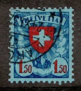 1924 Switzerland Helvetia 1.5 Fr Coat of Arms - Sc #202 Used postage stamp Cv $7