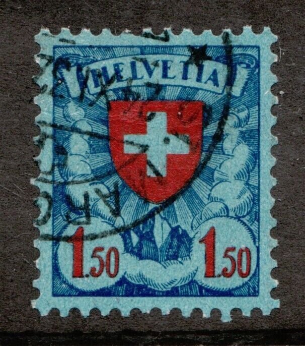 1924 Switzerland Helvetia 1.5 Fr Coat of Arms - Sc #202 Used postage stamp Cv $7