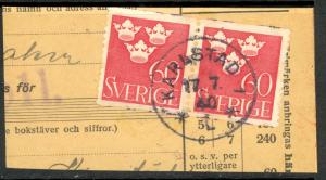 SWEDEN 1939 60o THREE CROWNS Issue Sc 282 Pair on Piece w KARLSTAD 1 cds