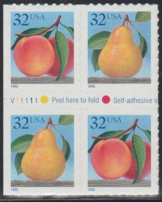 2493-94,or 2494b, PL# BLK of 4. Peaches & Pear MNH, .32 cent