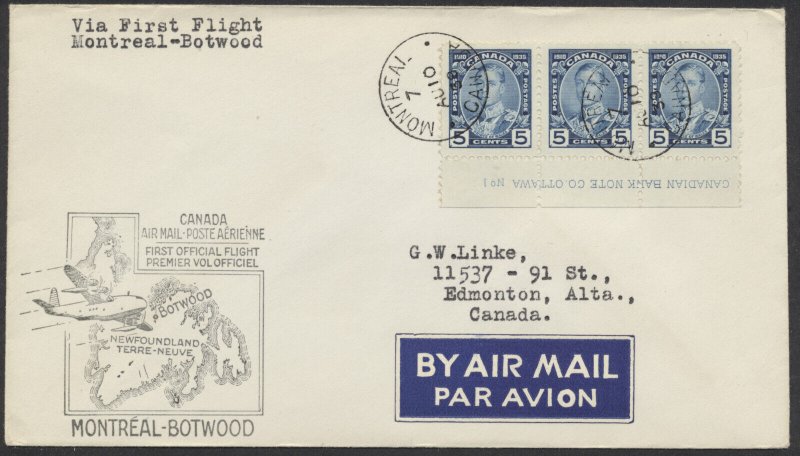 1939 Flight Cover AUG 10 Imperial Airways Montreal to Botwood #214 Plate Strip