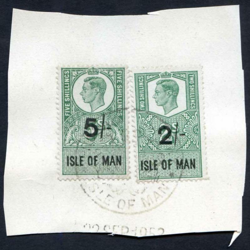 Isle of Man KGVI 5/- and 2/- Key Plate Type Revenues CDS on Piece