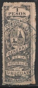 Uruguay 1893 Revenue FRANCE Consulate 1P Black on Pink Fine Used Very Scarce-