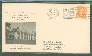 US 711 1932 6c Washington Bicentennial (single) on an addressed first day cover with a rice cachet.