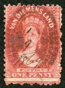 Tasmania SG70 1d Carmine Perf 12 DOUBLE PRINT (pen cancel)