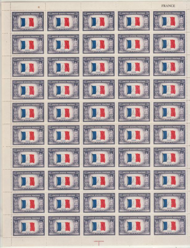 1943-44 U.S 5¢ Netherlands overrun country complete sheet MNH Sc# 913