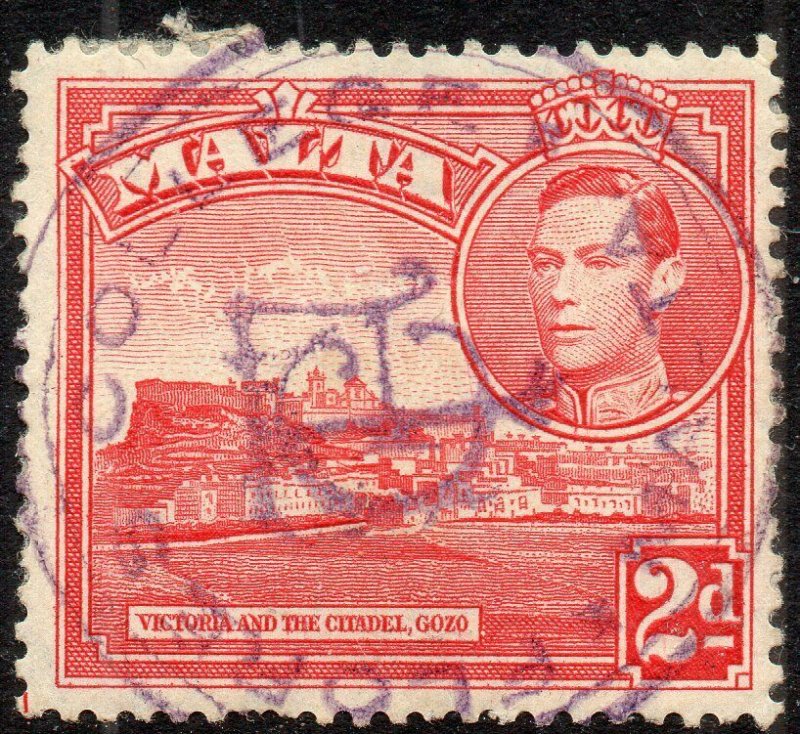 1943 Malta Sg 221b 2d scarlet with Flores College Fiscal Cancellation