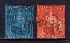 MAURITIUS — SCOTT 18-19 — 1859 BRITANNIA ISSUE — USED — SCV $120