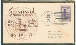 US 857 1939 3c Tercentennial of printing in America on an addressed (typed) FDC with a Neumann cachet and an unofficial USS Lang