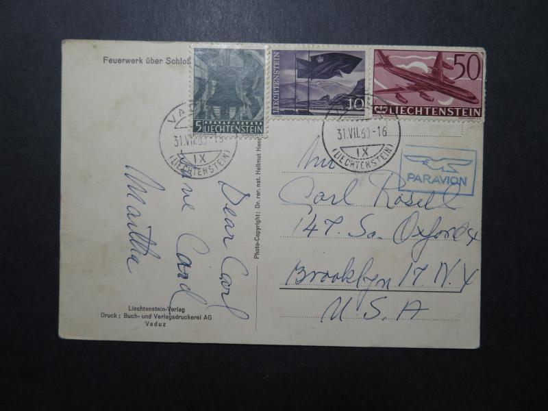 Liechtenstein 1960 Airmail Postcard to USA / Light Creasing - Z11833