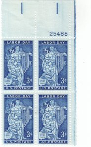 Scott # 1082 - 3c Deep Blue - Labor Day Issue - plate block of 4 - MH