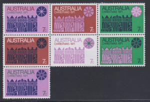 Australia Sc 508 MNH. 1971 Christmas issue, se-tenant block of 7