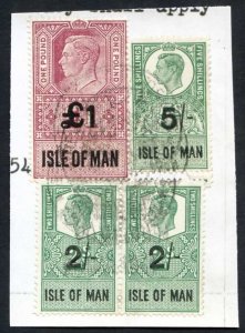 Isle of Man KGVI One Pound 5/- and 2 x 2/- Key Plate Type Revenues CDS on Piece