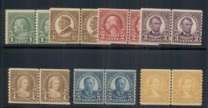 US #597-99, 600-3 Joint Line Pairs, set of 7 og, NH except 1 ¢ & 2¢ LH, VF