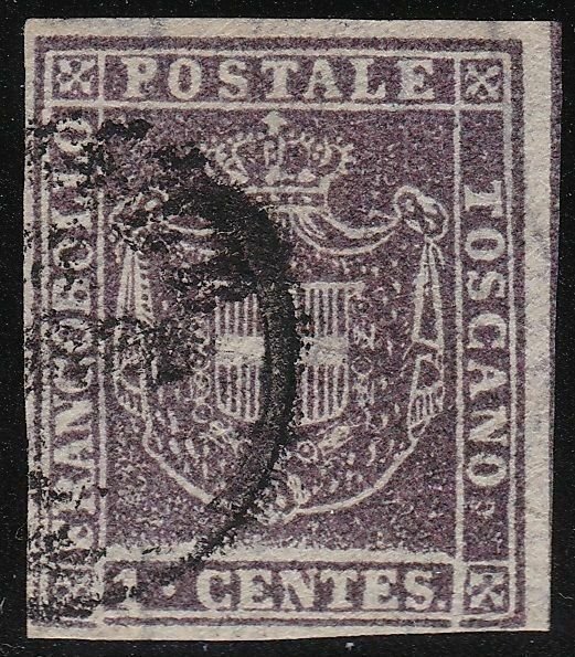 1860 Toscana, N° 17 1 Cent. Violet Bruno Used Signed A. Diena / Raybaudi