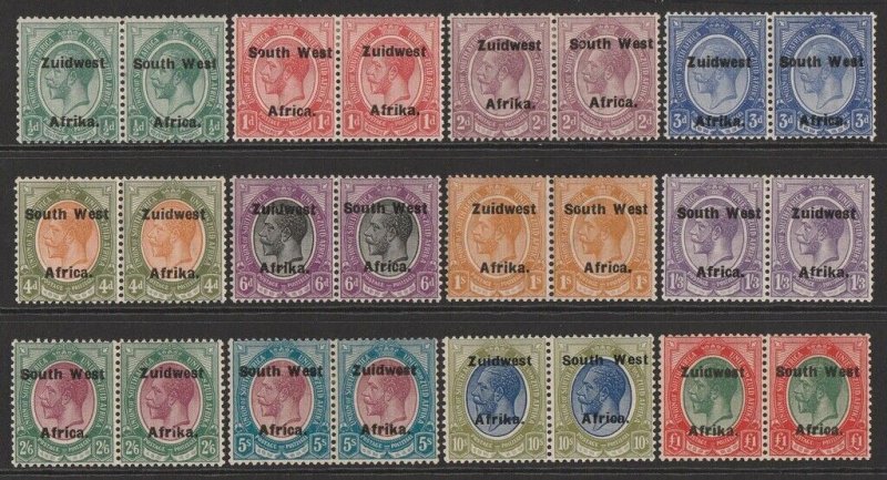 SOUTH WEST AFRICA 1923 Setting VI on KGV set ½d-£1, pairs.