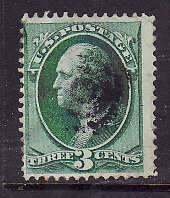 US-Sc#158- id7-used 3c green Washington-1873-catalogue # on back-